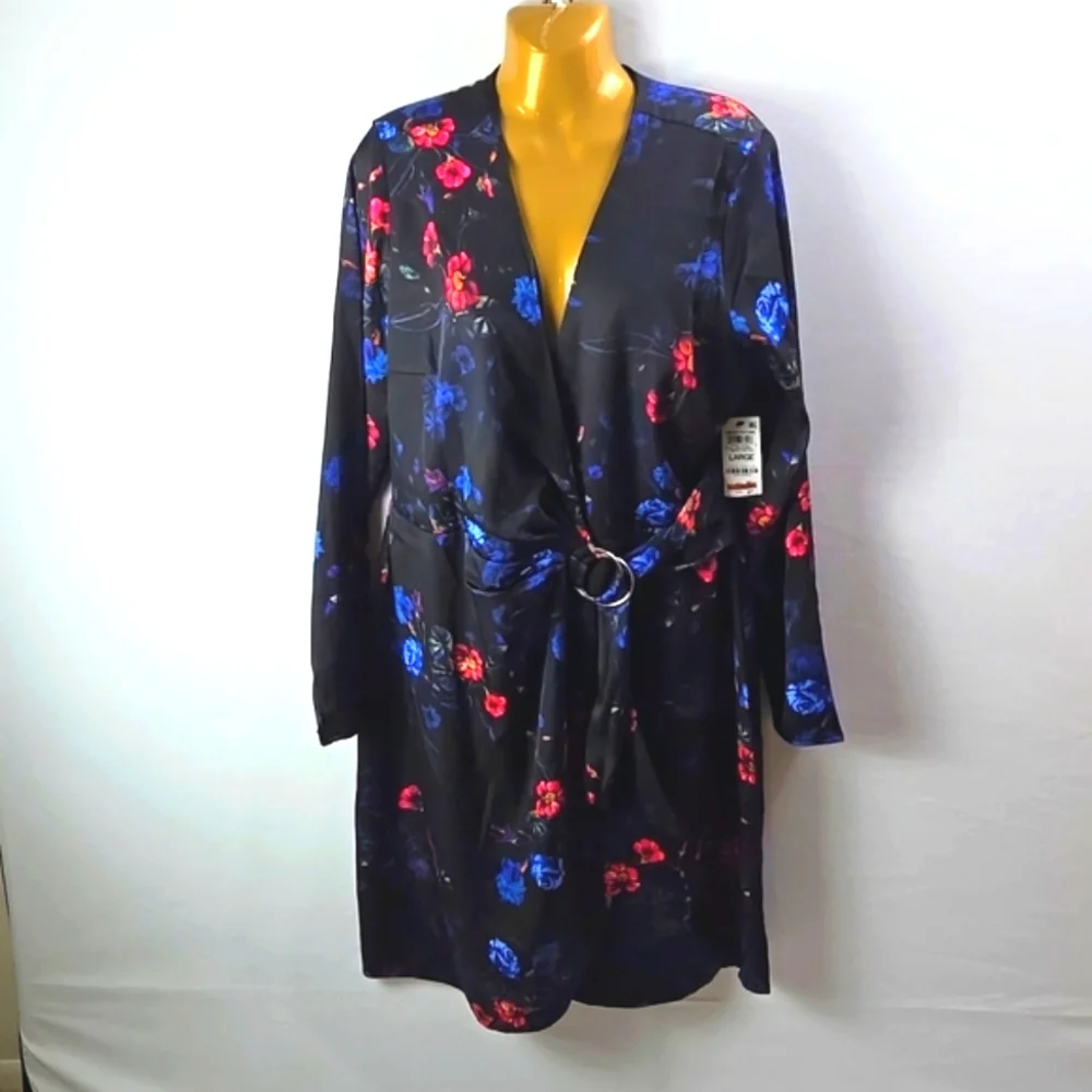 I.N.C. International Concepts Black Floral Print Faux-Wrap Long Sleeve Dress L - Picture 1 of 12